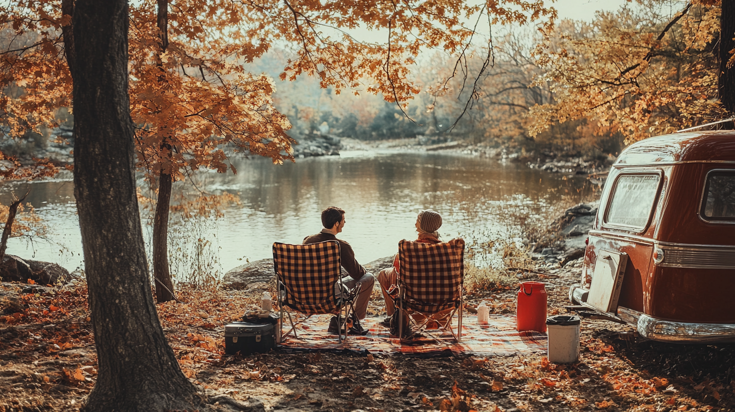 Vintage photo of a couple camping on the edge of a river.